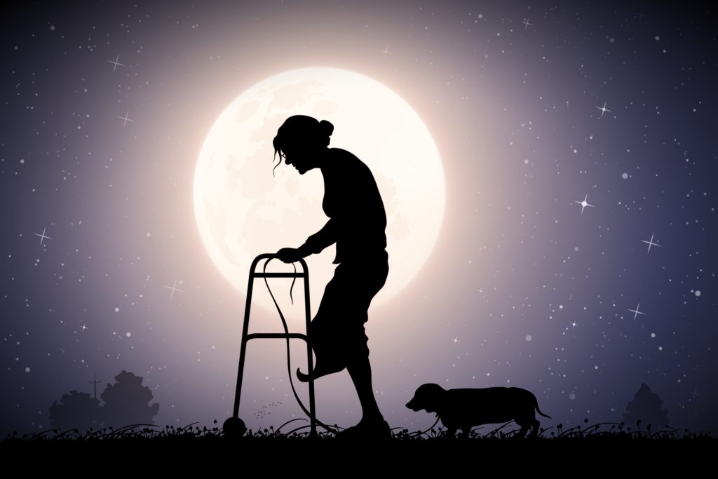 Old,Woman,With,Walker,On,Starry,Night.,Elderly,Lady,And